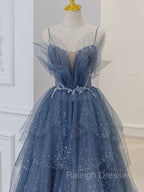 Gray Blue Tulle Sequin Beads Long Prom Dress, Blue Evening Dress