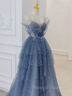 Gray Blue Tulle Sequin Beads Long Prom Dress, Blue Evening Dress