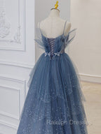 Gray Blue Tulle Sequin Beads Long Prom Dress, Blue Evening Dress