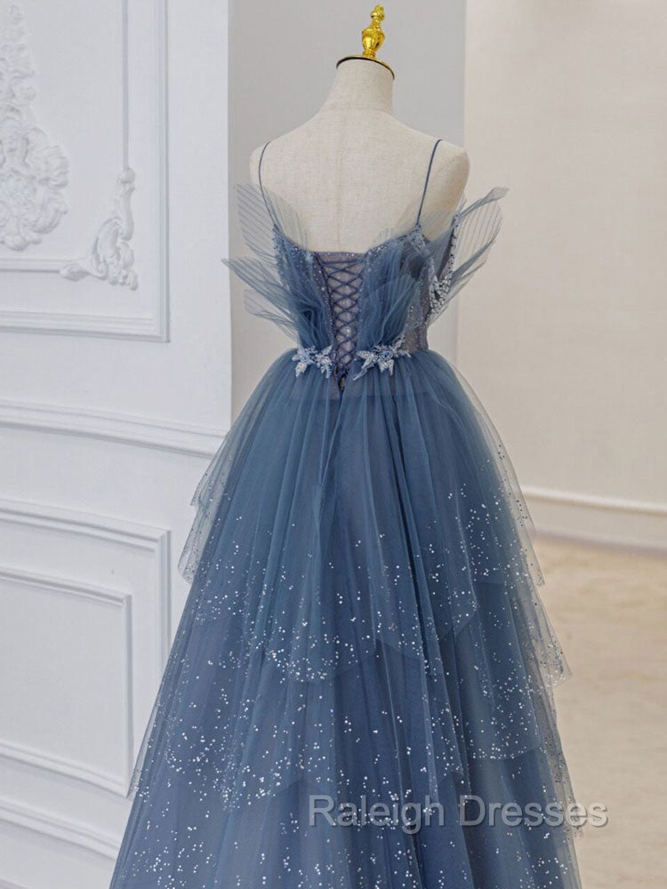 Gray Blue Tulle Sequin Beads Long Prom Dress, Blue Evening Dress