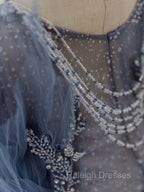 Gray Blue Tulle Sequin Beads Long Prom Dress, Blue Evening Dress