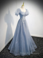 Gray Blue Tulle Sequin Long Prom Dress, Gray Blue Evening Dress