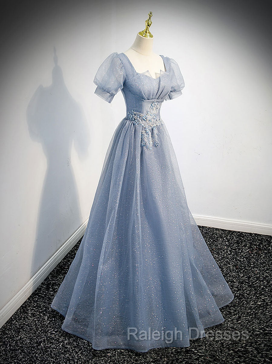 Gray Blue Tulle Sequin Long Prom Dress, Gray Blue Evening Dress