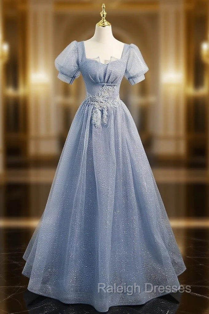 Gray Blue Tulle Sequin Long Prom Dress, Gray Blue Evening Dress Main image