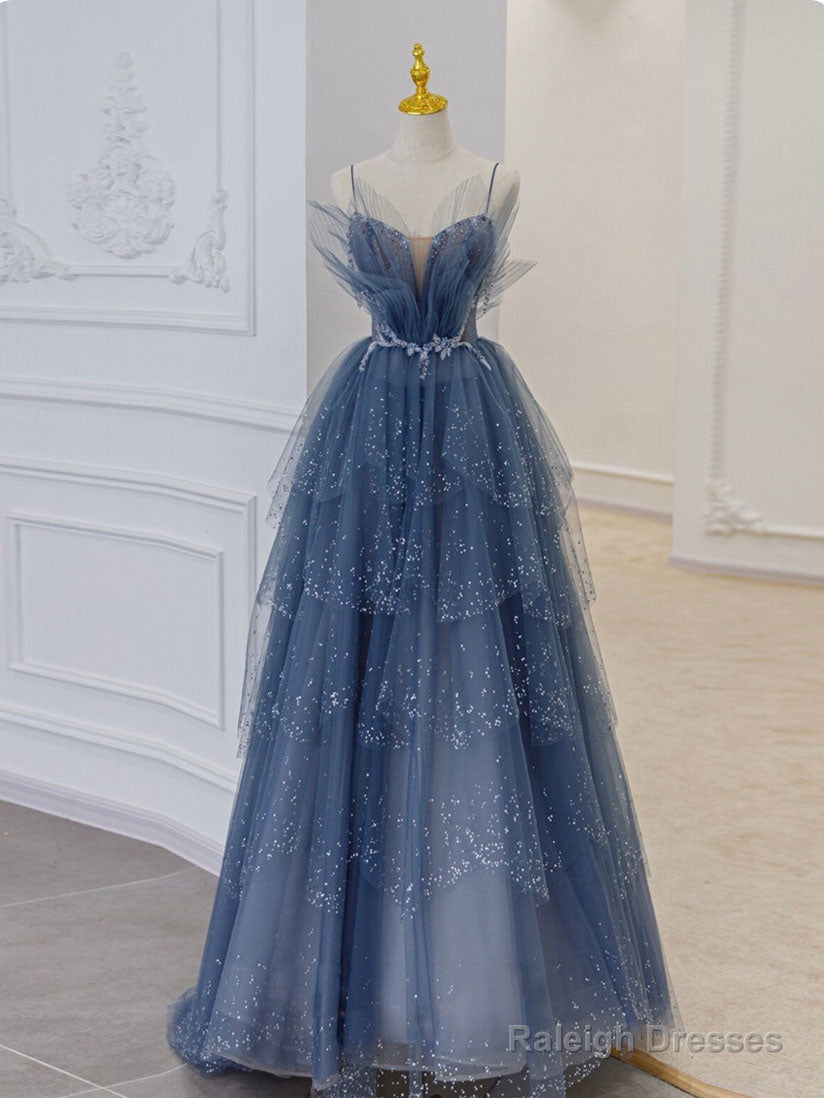 Gray Blue Tulle Sequin Long Prom Dress, Gray Blue Tulle Formal Dress Secondary image
