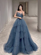 Gray Blue Tulle Sequin Long Prom Dress, Gray Blue Tulle Formal Dress