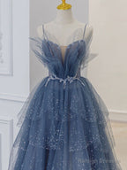 Gray Blue Tulle Sequin Long Prom Dress, Gray Blue Tulle Formal Dress
