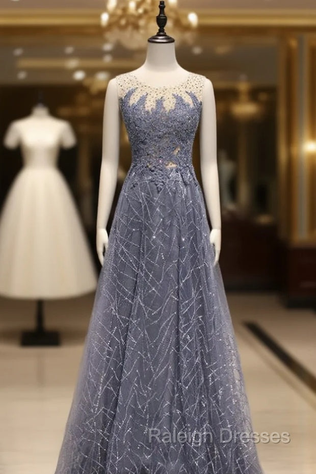 Gray Blue Tulle Sequins Appliques Beading Prom Dress Main image