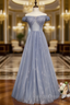 Gray Blue Tulle Sequins Off the Shoulder Beading Crystal Prom Dress