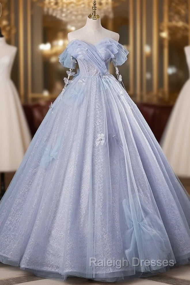 Gray Blue Tulle Sequins Off the Shoulder Quinceanera Dress