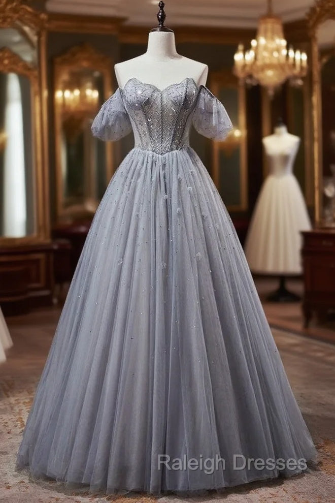 Gray Blue Tulle Strapless Beading Prom Dress