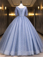 Gray Blue V Neck Tulle Long Prom Dress, Blue Long Sweet 16 Dresses