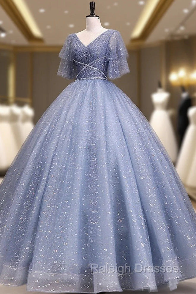 Gray Blue V Neck Tulle Long Prom Dress, Blue Long Sweet 16 Dresses
