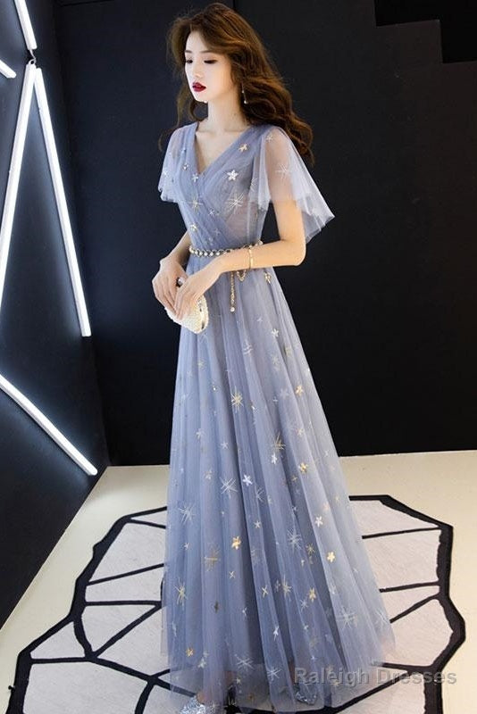 Gray Blue V Neck Tulle Long Prom Dress, Tulle Bridesmaid Dress Secondary image