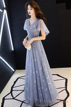 Gray Blue V Neck Tulle Long Prom Dress, Tulle Bridesmaid Dress