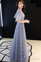 Gray Blue V Neck Tulle Long Prom Dress, Tulle Bridesmaid Dress