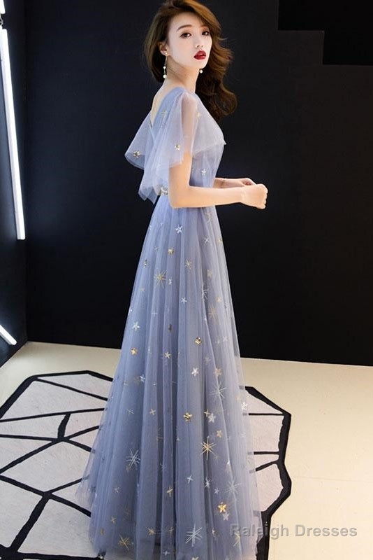 Gray Blue V Neck Tulle Long Prom Dresses Tulle Bridesmaid Dresses