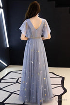 Gray Blue V Neck Tulle Long Prom Dresses Tulle Bridesmaid Dresses