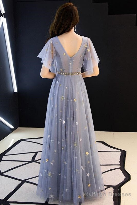 Gray Blue V Neck Tulle Long Prom Dresses Tulle Bridesmaid Dresses