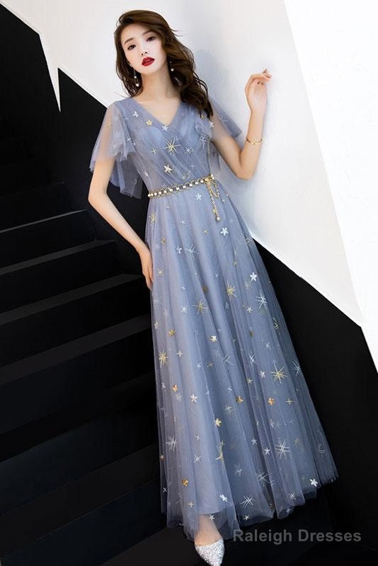 Gray Blue V Neck Tulle Long Prom Dress, Tulle Bridesmaid Dress