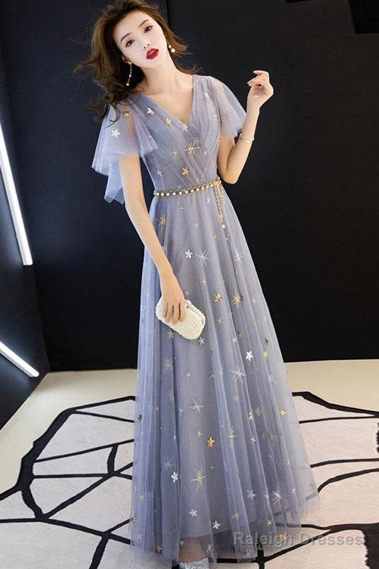 Gray Blue V Neck Tulle Long Prom Dress, Tulle Bridesmaid Dress