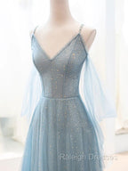 Gray Blue V Neck Tulle Sequin Long Prom Dresses Blue Prom Dresses