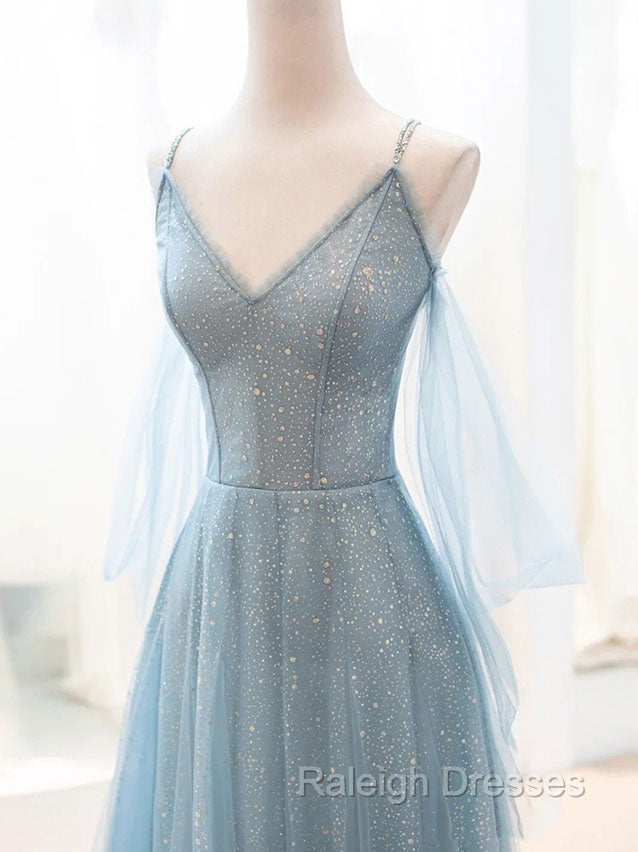Gray Blue V Neck Tulle Sequin Long Prom Dresses Blue Prom Dresses