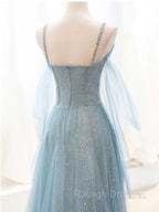Gray Blue V Neck Tulle Sequin Long Prom Dresses Blue Prom Dresses