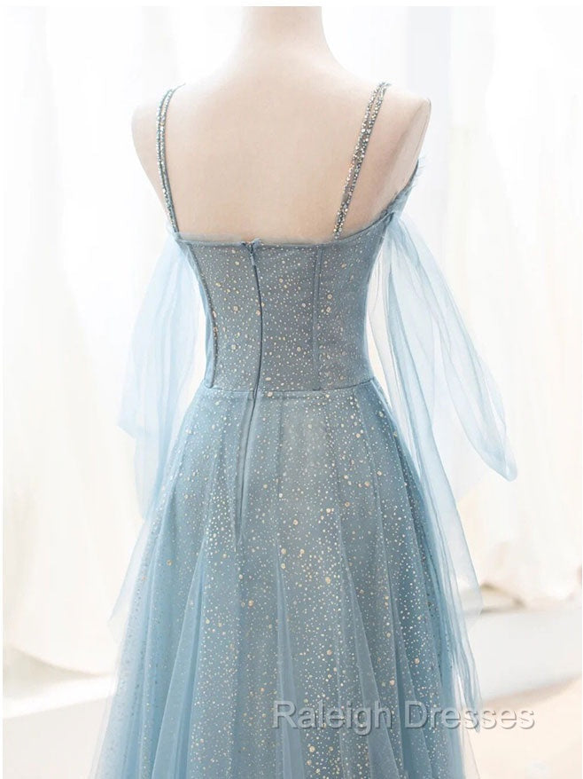 Gray Blue V Neck Tulle Sequin Long Prom Dresses Blue Prom Dresses