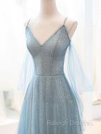 Gray Blue V Neck Tulle Sequin Long Prom Dress, Blue Evening Dress