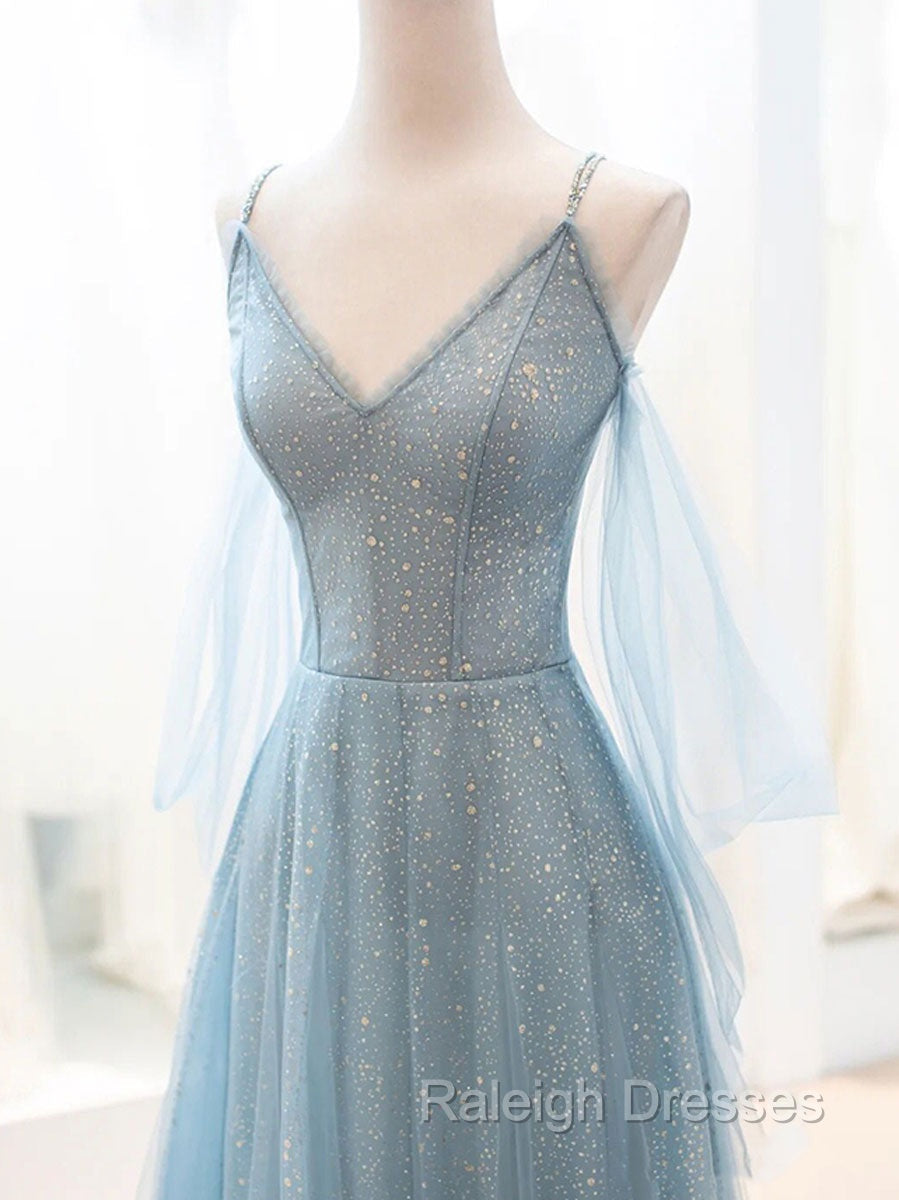 Gray Blue V Neck Tulle Sequin Long Prom Dress, Blue Evening Dress