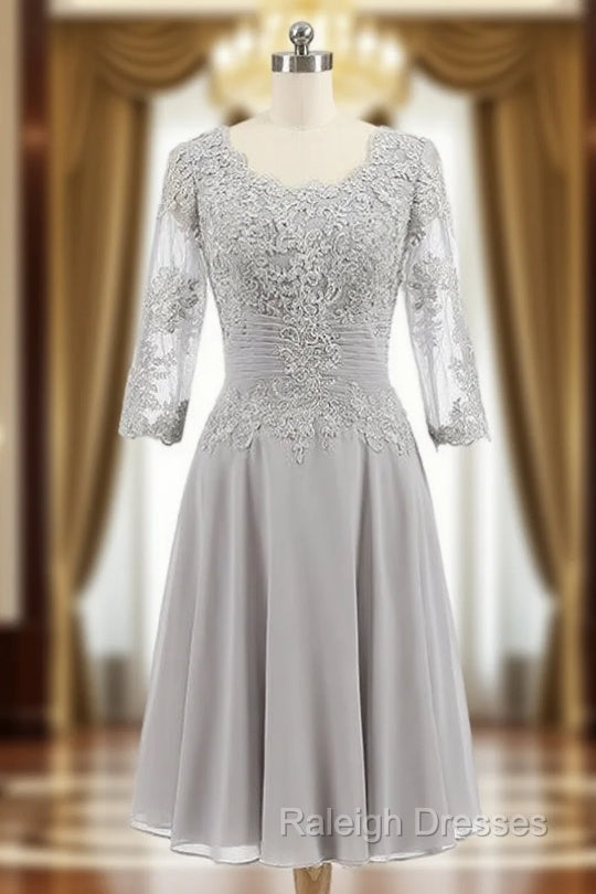 Gray Chiffon Appliques 3/4 Sleeve Knee Length Mother of The Bride Dress
