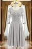 Gray Chiffon Appliques 3/4 Sleeve Knee Length Mother of The Bride Dress