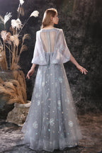 Gray Dandelion Lace V-neck Beading Back Prom Dresses