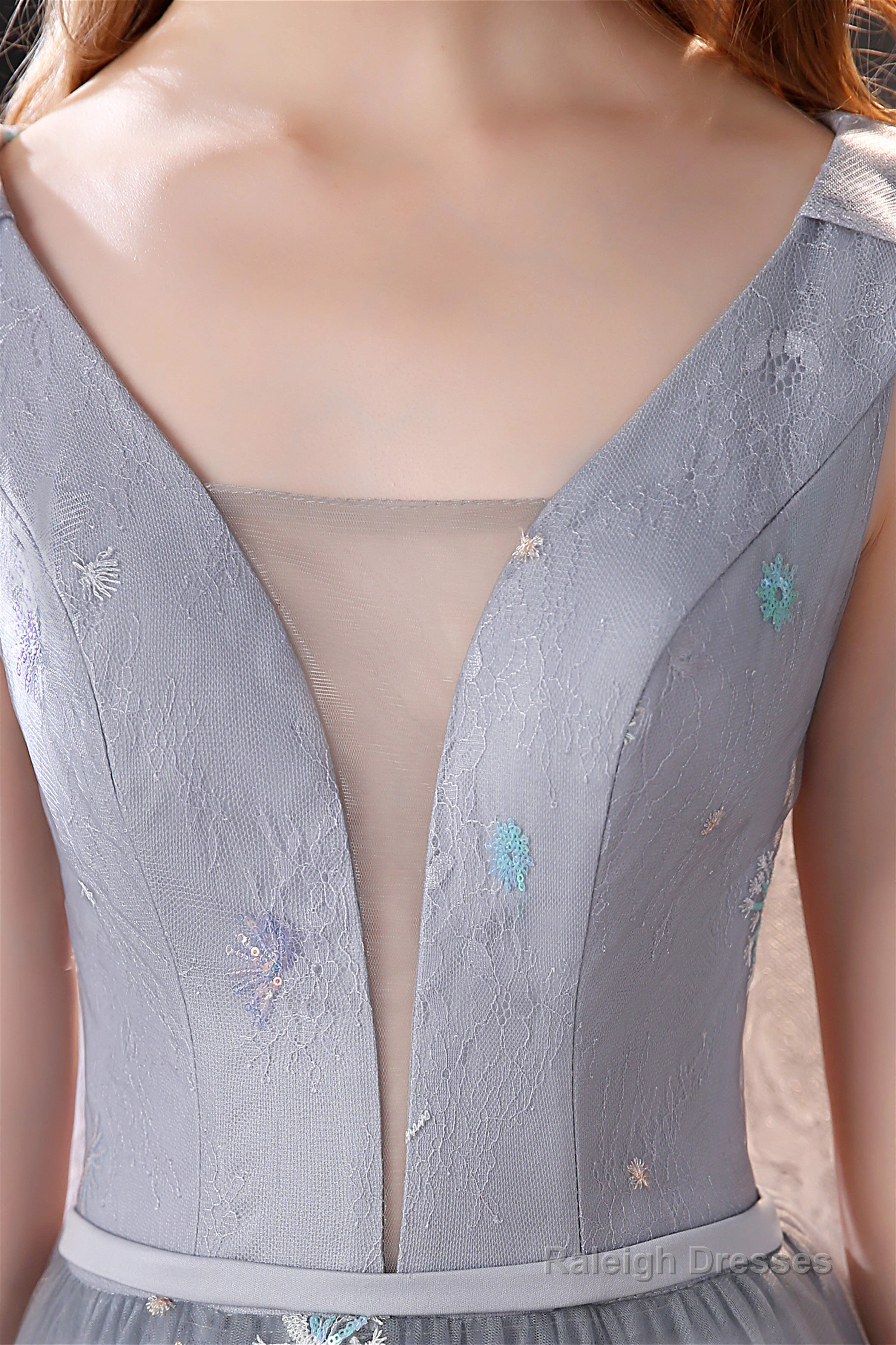 Gray Dandelion Lace V-neck Beading Back Prom Dresses