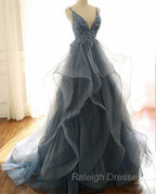 Gray Prom Dresses Tulle V Neck Ruffles Long Spaghetti Lace Beading Prom Prom Gown