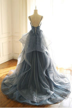 Gray Prom Dresses Tulle V Neck Ruffles Long Spaghetti Lace Beading Prom Prom Gown