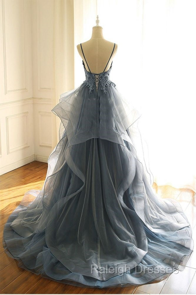 Gray Prom Dresses Tulle V Neck Ruffles Long Spaghetti Lace Beading Prom Prom Gown