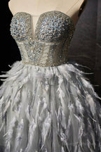 Gray Feather Short Prom Dresses Lovely Handmade Beading Pearl Sequins Prom Dresses