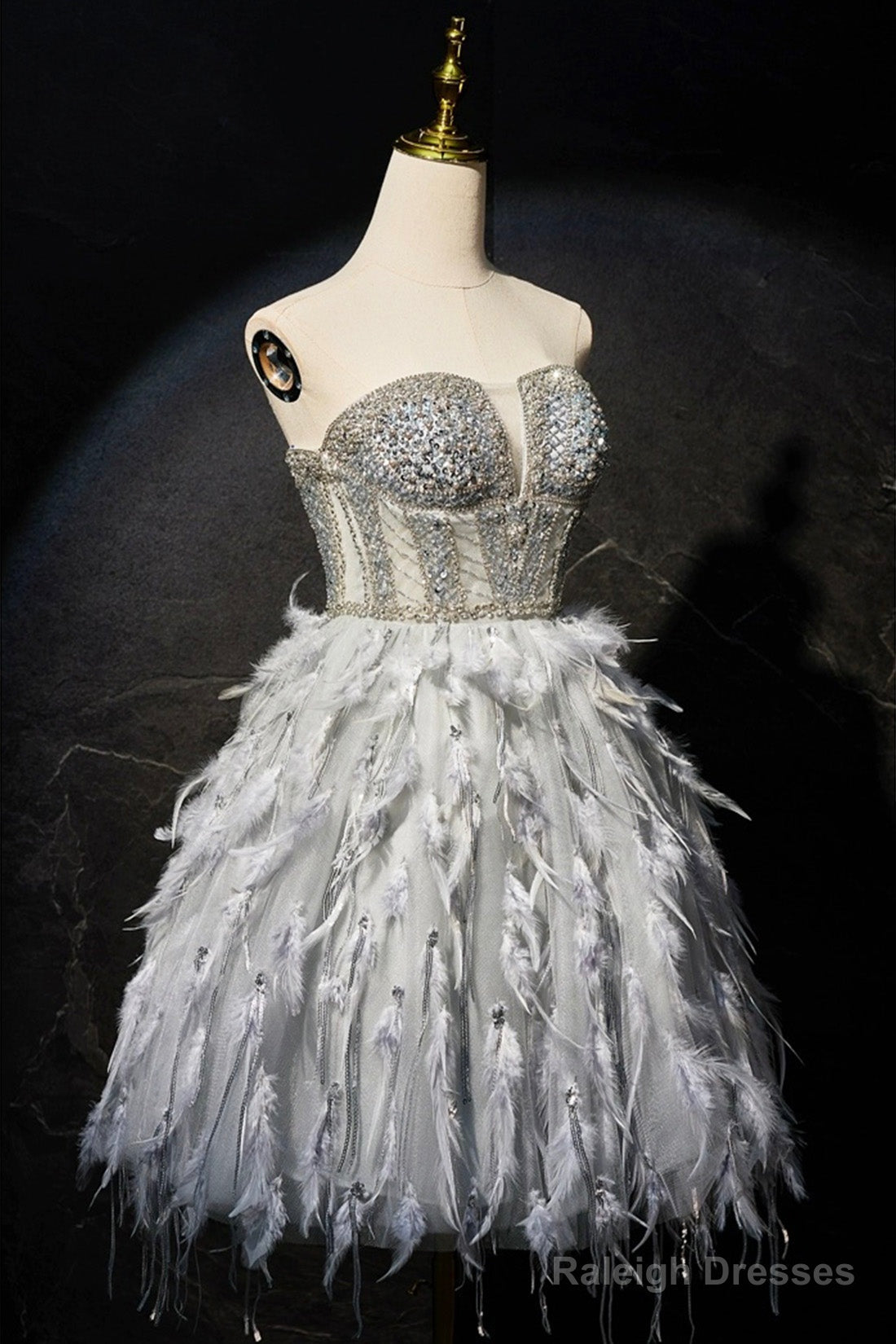 Gray Feather Short Prom Dresses Lovely Handmade Beading Pearl Sequins Prom Dresses