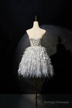 Gray Feather Short Party Dress, Lovely Handmade Beading Pearl Sequins Evening Dress