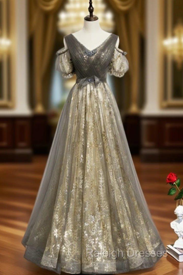 Gray Gold Tulle Sequins V-neck Short Sleeve Pleats Prom Dress Main image