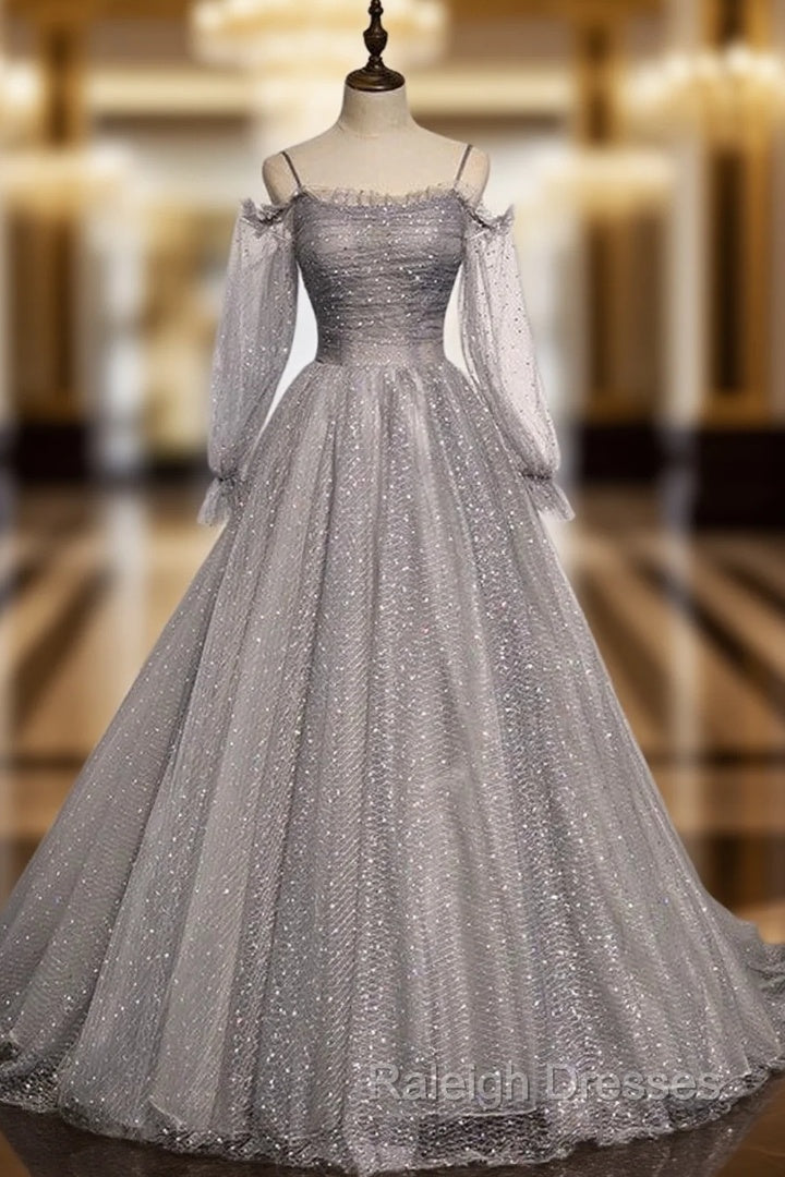 Gray Gray Long Sleeve Sequins Prom Dress