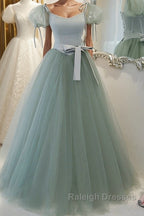 Gray Green A-Line Tulle Long Prom Dress, Gray Green Formal Dress