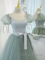 Gray Green A Line Tulle Long Prom Dresses Gray Green Prom Dresses