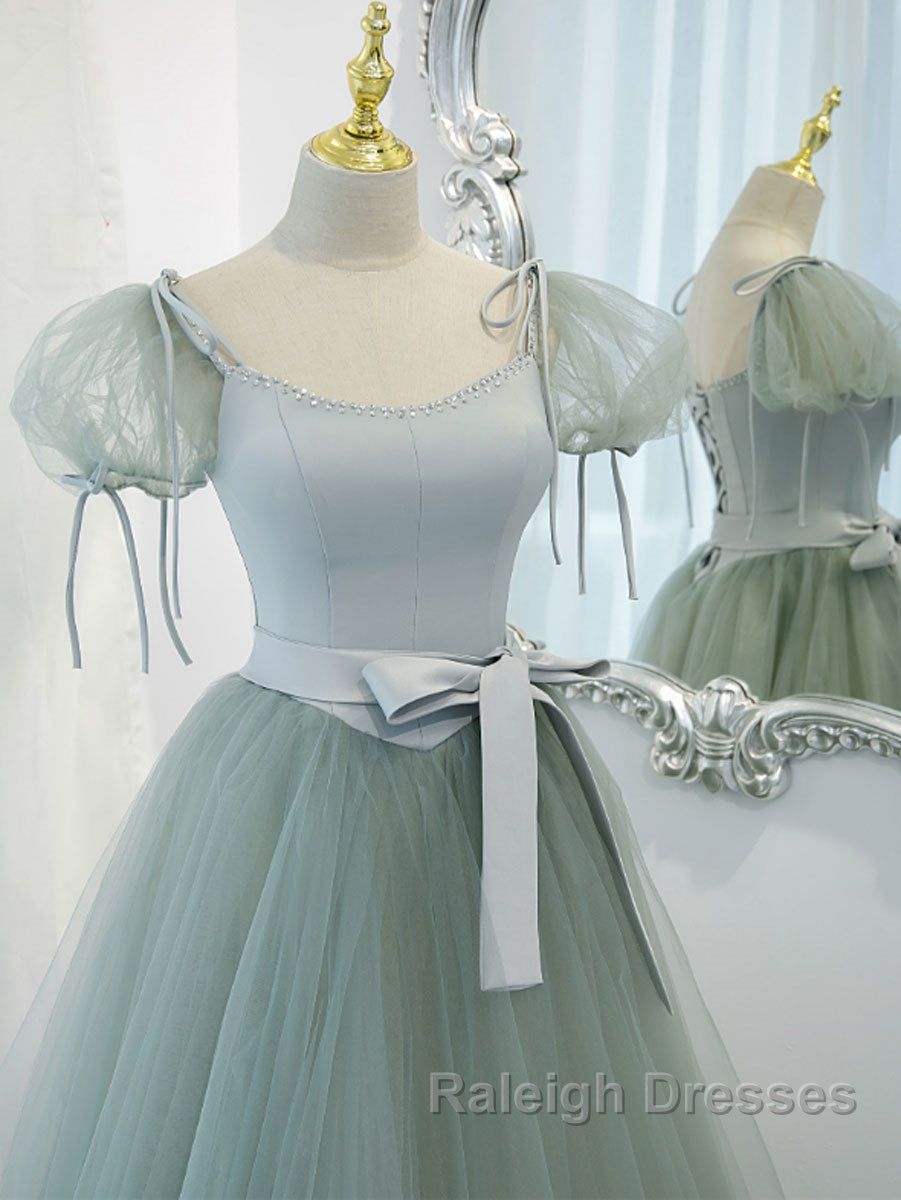 Gray Green A Line Tulle Long Prom Dresses Gray Green Prom Dresses