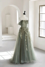 Gray Green Off The Shoulder Tulle Prom Dress With Appliques