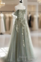 Gray Green Off The Shoulder Tulle Prom Dress With Appliques