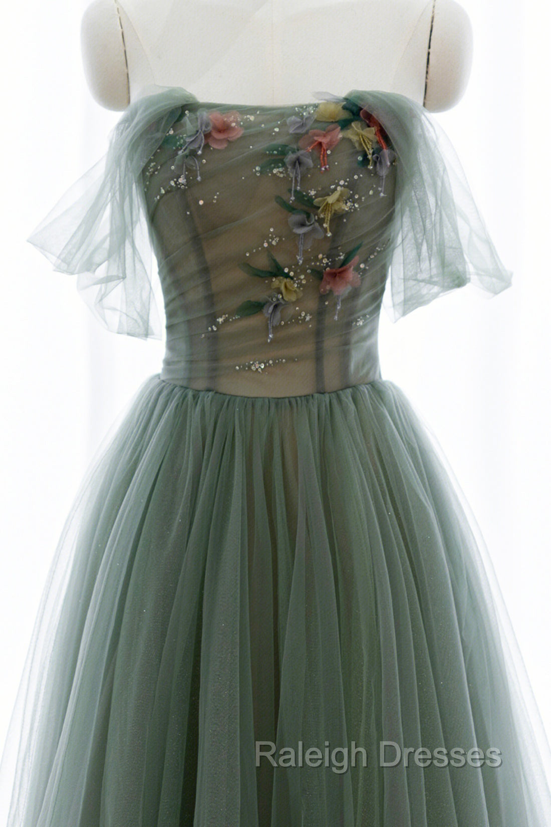 Gray Green Tulle Beaded Long Prom Dress, A Line Prom Dress Secondary image