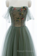 Gray Green Tulle Beaded Long Prom Dress, A Line Prom Dress